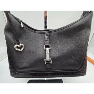 VTE Brighton Black Leather Shoulder Bag With Heart Charm & Metal Accents